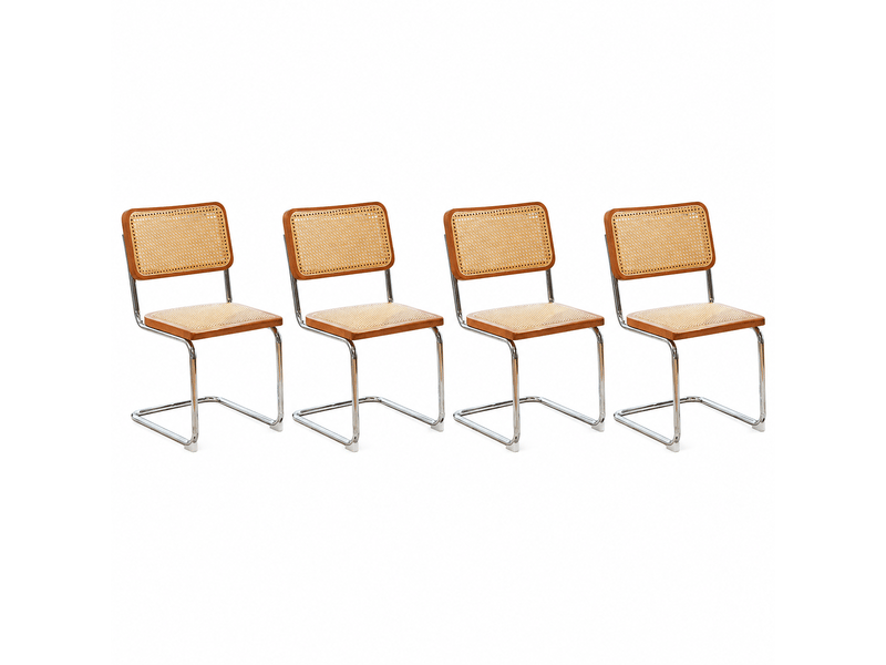 Lot de 4 chaises de salle à manger cantilever 53x46,4x84,6 cm, dossier en cannage rotin, assise rembourrée, piètement chromé, marron et bois - Conforama A