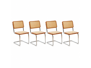 Lot de 4 chaises de salle à manger cantilever 53x46,4x84,6 cm, dossier en cannage rotin, assise rembourrée, piètement chromé, marron et bois