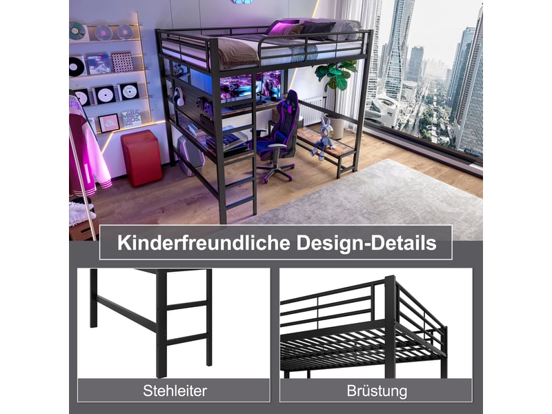  Lit mezzanine 140x200 cm noir, avec bureau, rangements, panneau perforé, échelle, led, usb-c, structure métal, sommier inclus, sans matelas  - Conforama E