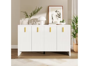 Buffet moderne blanc avec poignées dorées, rangement modulable et étagères réglables, design minimaliste