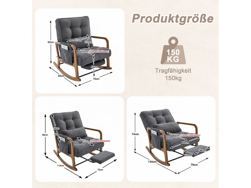 Fauteuil à bascule 70x80x92 cm, dossier réglable, gris, revêtement en ...