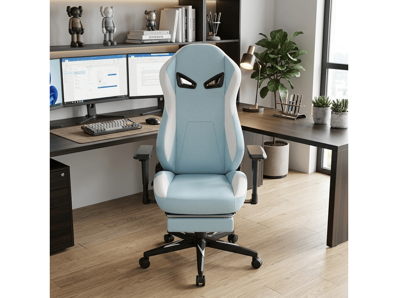  Chaise gaming ergonomique 60 x 53 x 132 cm – bleu clair et blanc – dossier inclinable et repose-pieds  - Conforama E