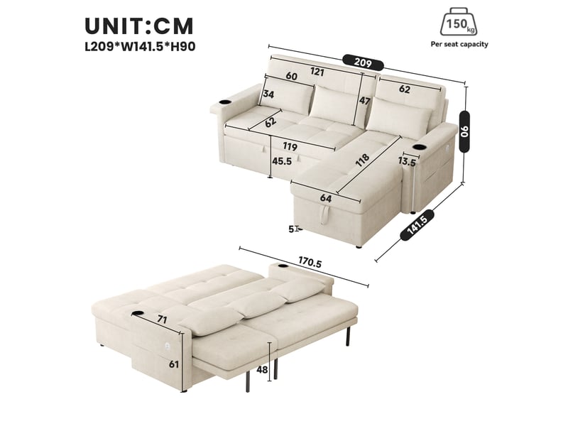  Canapé d’angle convertible 3 places en chenille beige avec led et rangement  - Conforama C
