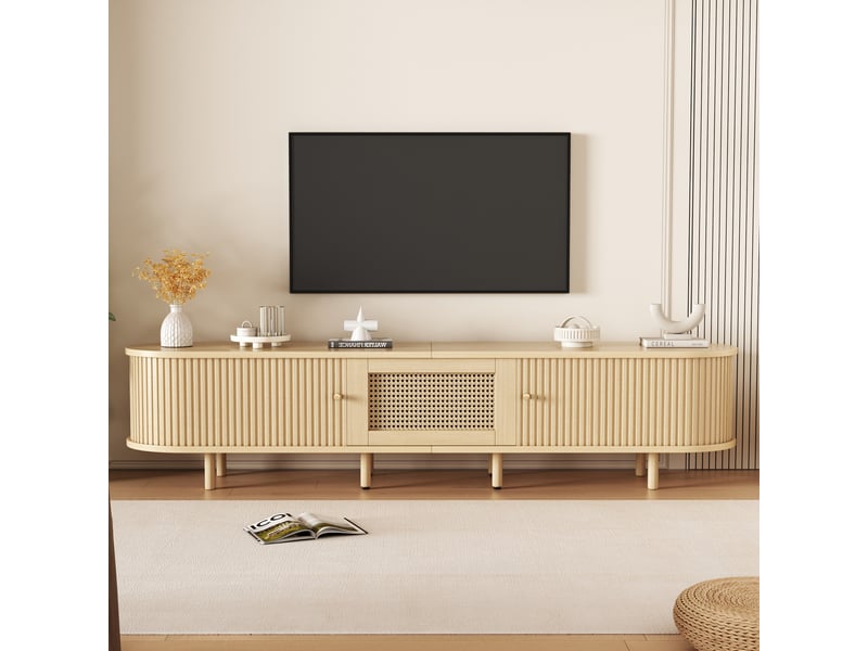Meuble tv 180x40x40 cm - meuble bas arrondi avec porte à rideau et tiroir, mdf, pour tv jusqu’à 75 pouces - bois naturel - Conforama E