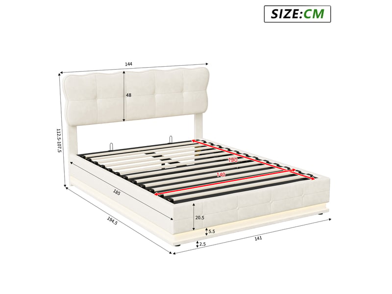  Lit 140 x 190 avec sommier, tête de lit rembourrée ondulée, rangement hydraulique, bande lumineuse led, velours beige  - Conforama C