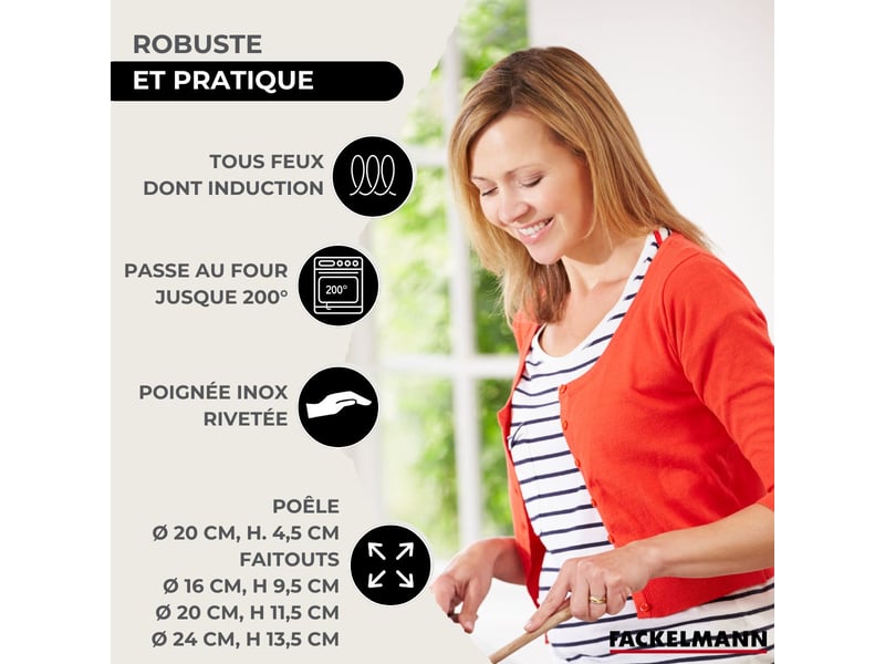 Set 1 poêle 20 cm en inox et 1 couvercle verre, 3 faitouts inox 16, 20 et 24 cm fackelmann eterna 9351350B - Conforama D