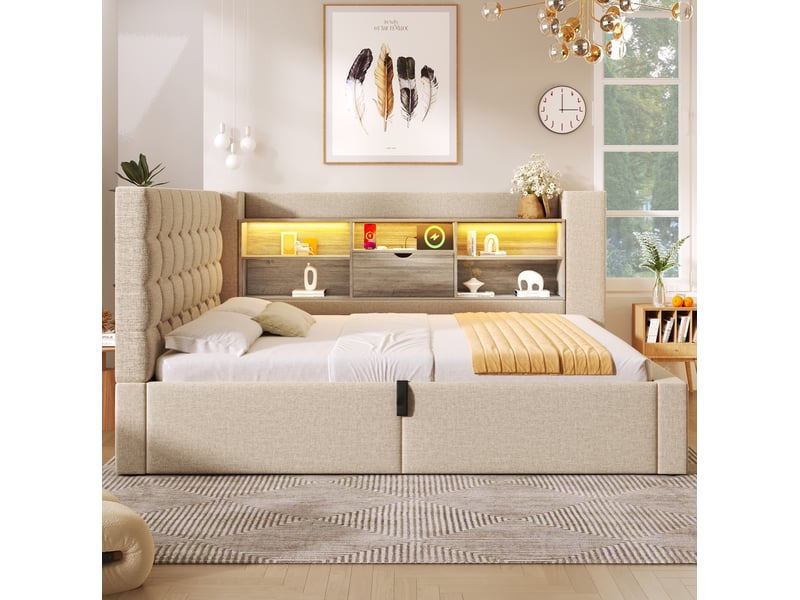  Lit coffre 140 x 190 cm beige avec tête de lit en l, led et ports de charge  - Conforama B