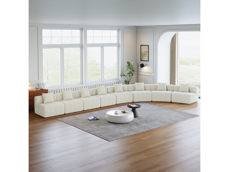  Canapé modulaire modenvie 8 places en chenille beige, forme arrondie, 2 coussins, 388 x 76 x 73,6 cm  - Conforama E