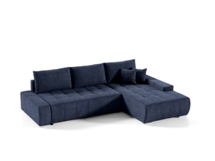 Canapé d'angle droit convertible   4 places Velours bleu avec coffre de rangement
