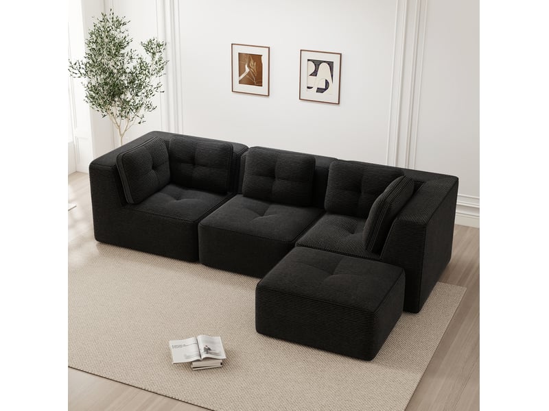  Canapé d'angle modulaire 3 places en velours côtelé noir avec ottomane  - Conforama C