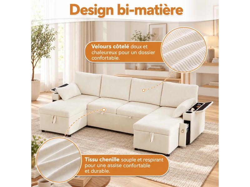 Canapé d’angle en u convertible 4 places 272 x 131 x 84 cm, rangements, porte-gobelets, 2 coussins, chenille, beige - Conforama D