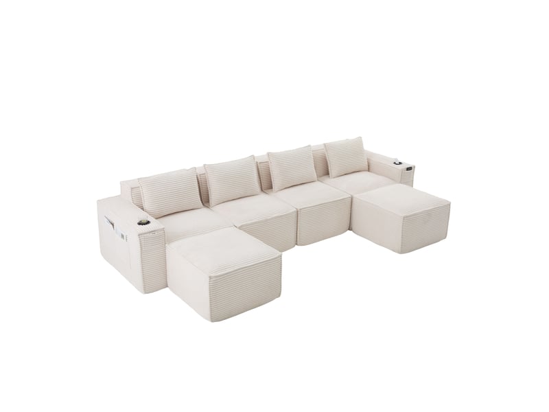  Canapé droit modulable 4 places, 330x162x75cm, avec 2 poufs, porte-gobelets, rangements latéraux, velours côtelé, beige  - Conforama A
