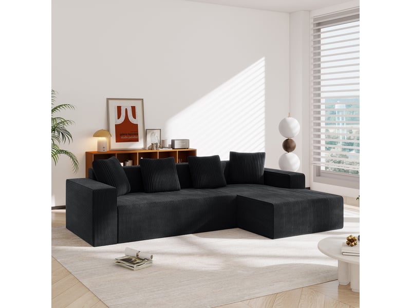  Canapé modulable noir 3 places velours côtelé - assise profonde 70cm - canapé d'angle avec méridienne  - Conforama E