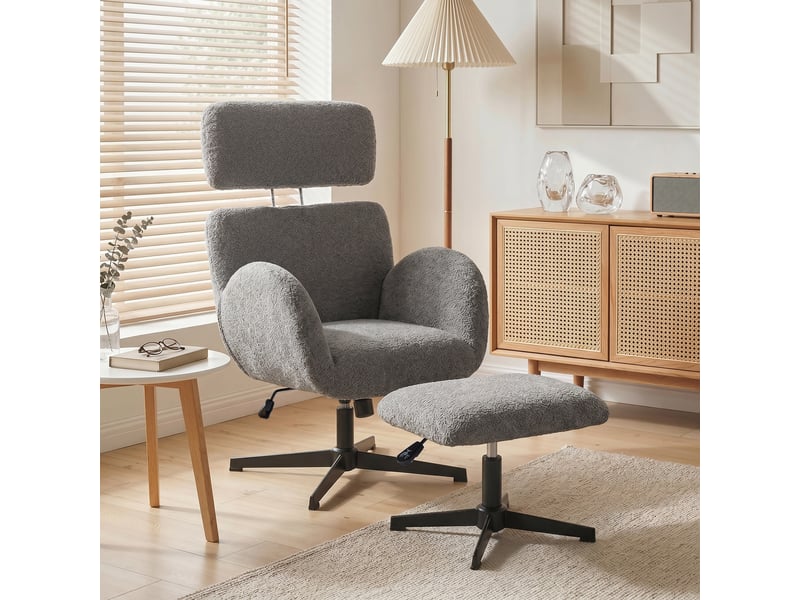  Fauteuil pivotant avec repose-pieds, réglable en hauteur et avec appui-tête ajustable, fonction bascule, gris  - Conforama C