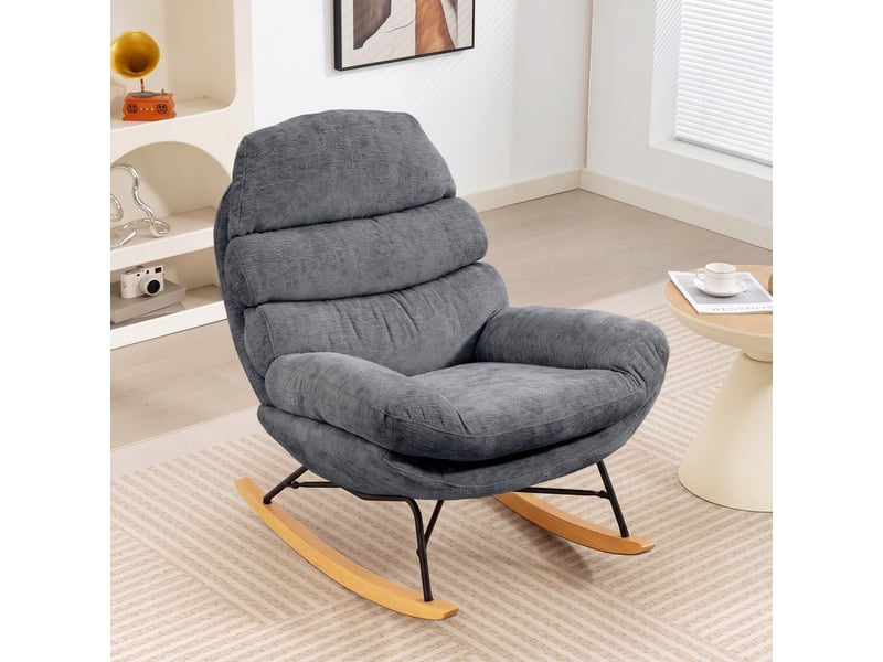  Fauteuil à bascule en chenille, assise en tailleur, coussins double épaisseur, dossier moelleux, piètement en hévéa, gris foncé  - Conforama C