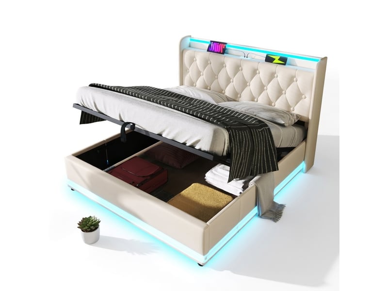 Lit coffre 160x200 cm en pu blanc avec matelas, éclairage led 360°, ports usb-c et système hydraulique - Conforama A