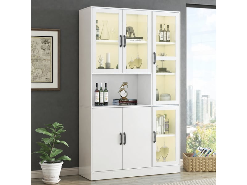  Vitrine led avec 6 portes, 9 compartiments et 4 étagères réglables, 120 x 40 x 200 cm, blanc  - Conforama E