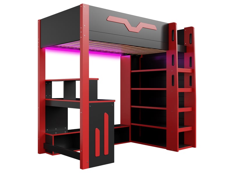  Lit mezzanine 90x200 en bois avec bureau, rangements multiples, éclairage led et escalier de stockage, noir et rouge  - Conforama A