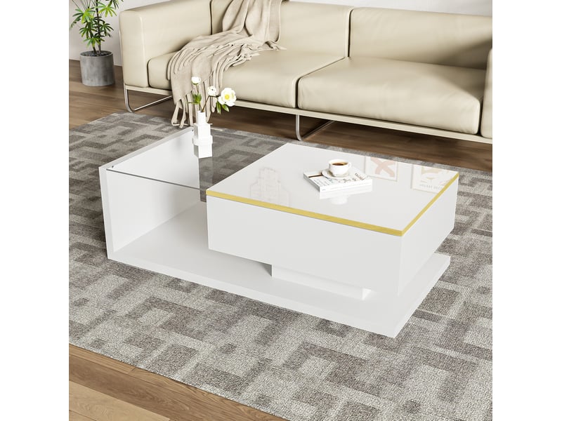  Table basse design 100x50x32,5 cm led 16 couleurs contrôlable rangement verre trempé laqué panneau de particules blanc  - Conforama E