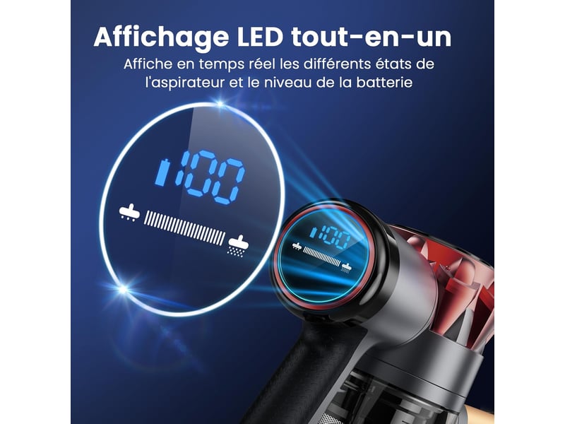  Aspirateur balai sans fil puissant 300w 40000pa 6 en 1 - filtre hepa brosse anti-emmêlement écran led - rouge et gris  - Conforama C