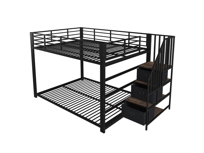  Lit superposé 4 places 140 x 200 cm avec escalier de rangement réversible, led et prises secteurusb, lit en métal noir avec garde-corps  - Conforama E