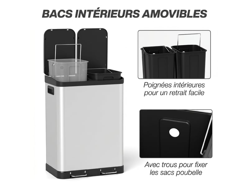  Poubelle de cuisine 2x30l à pédale en acier inoxydable argent 48,8x39,5x67 cm  - Conforama E