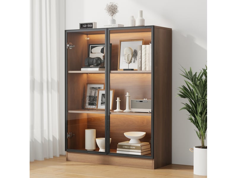  Vitrine led avec 2 portes vitrées et 3 niveaux de rangement pour salon, en verre et panneaux de particules, noyer naturel  - Conforama B