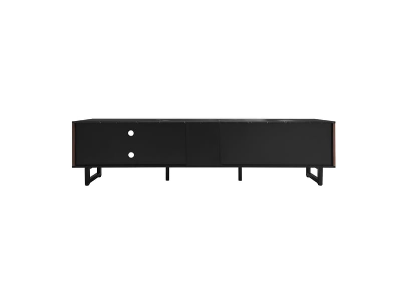  Meuble tv 200 x 38 x 50 cm rangement led couleurs 2 portes 2 tiroirs 2 niches pieds 15 cm mdf noir veinage bois foncé  - Conforama E