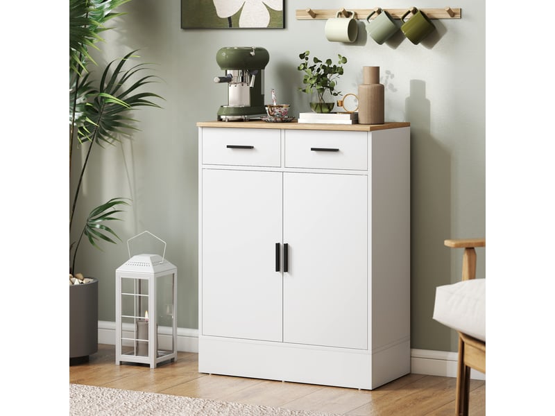  Buffet avec espace de rangement, commode à 2 tiroirs, étagère réglable, pour cuisine, salon, entrée, bois naturel, blanc  - Conforama D