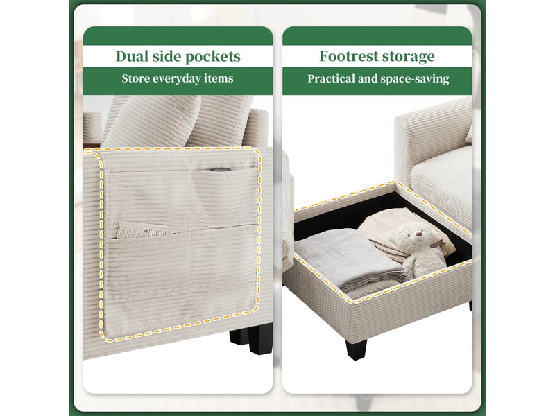  Canapé d'angle 4 places avec console usb, porte-gobelets, pouf coffre en velours côtelé beige, 229 × 149,5 × 83 cm  - Conforama E