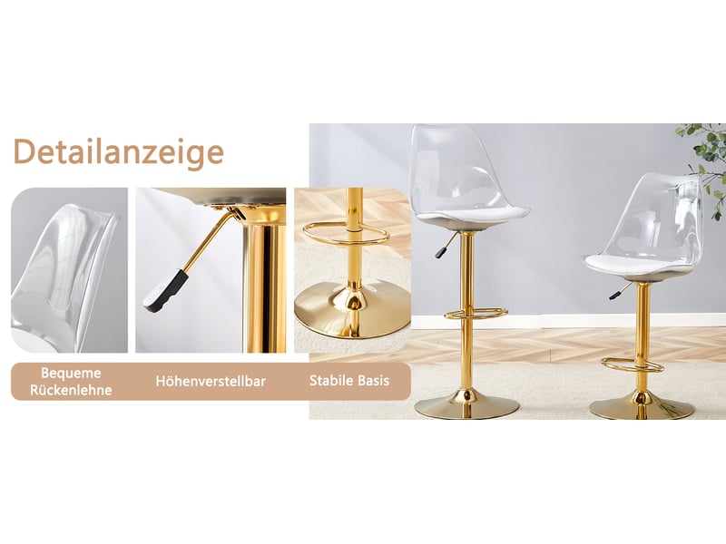  Lot de 2 tabourets de bar réglables avec dossier transparent et assise pu, pieds en métal doré, pivotant à 360°  - Conforama D
