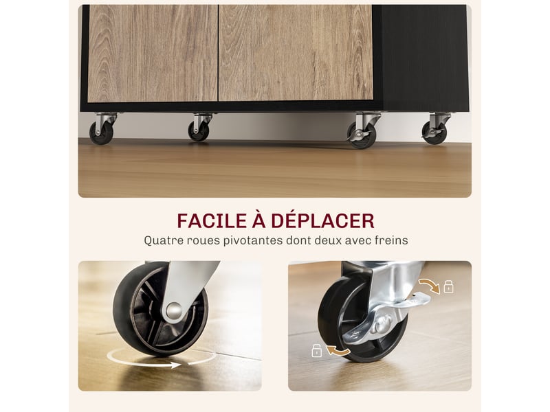 Chariot de service desserte de cuisine à roulettes tiroir placard 2 portes étagère en bois effet gris bois, noir  - Conforama R