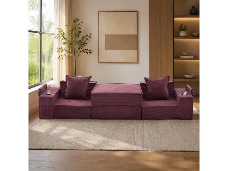  Canapé droit convertible 2 places en velours côtelé rouge bordeaux, modulaire avec rangements latéraux  - Conforama B