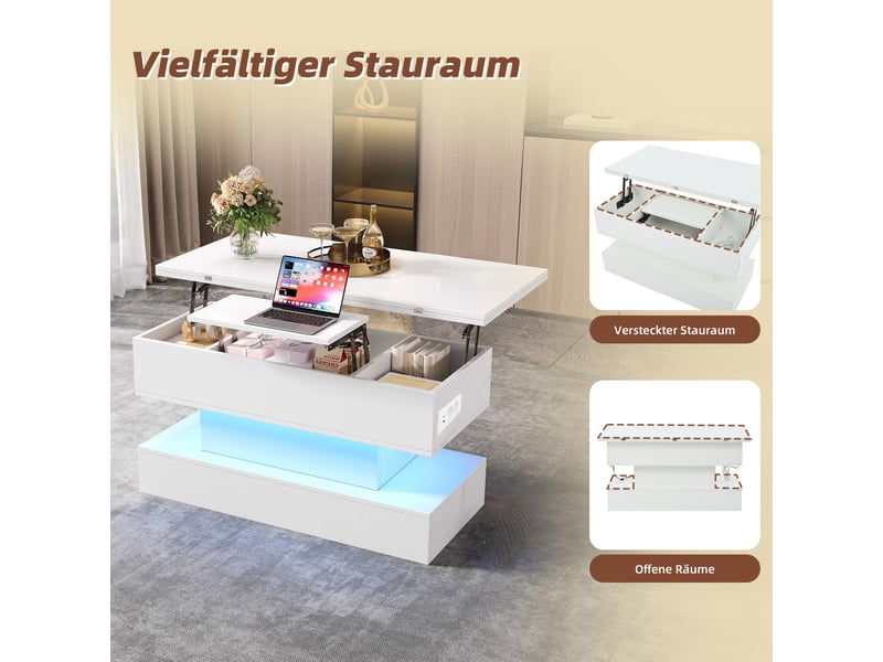  Table basse relevable 100x50x51,5 cm, plateau dépliable 100x100 cm, hauteur réglable, led, usb-c, prise intégrée et rangement caché - blanc  - Conforama E