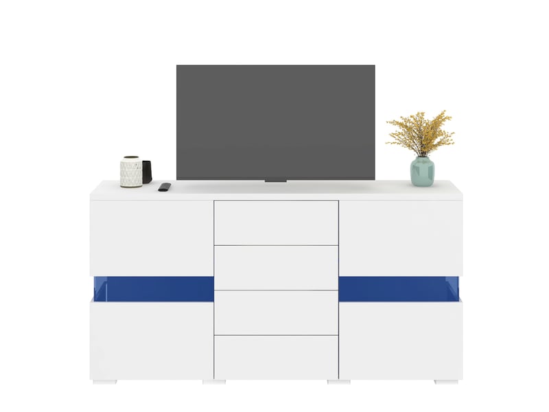  Buffet meuble tv blanc à led, 2 portes acryliques et 4 tiroirs - 140 x 35 x 72 cm  - Conforama A