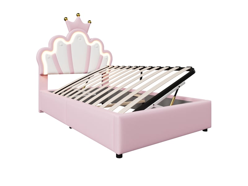  Lit coffre jeune 90x200 cm avec tête de lit réglable, led et moulures couronnées, pu et mdf, rose, sans matelas  - Conforama E