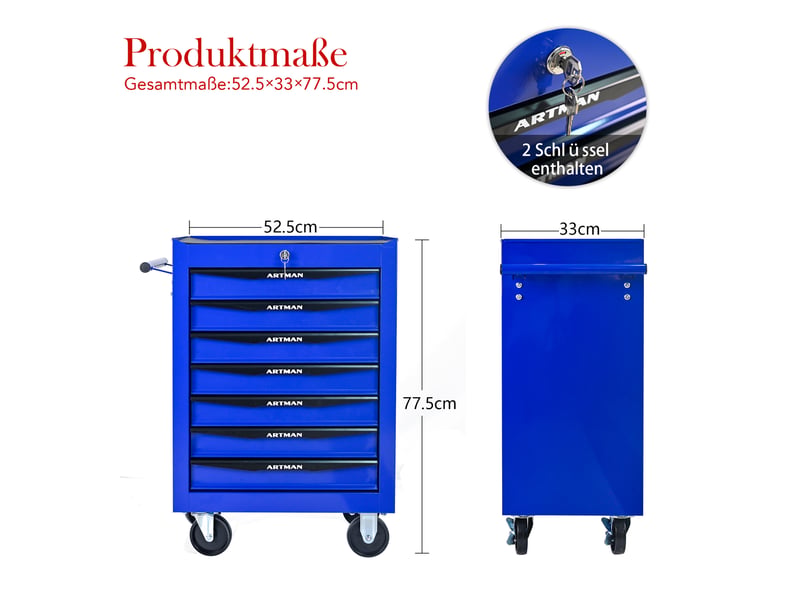 Armoire à outils mobile 60 x 33 x 77,5 cm noir et bleu en acier, 7 tiroirs à serrure, roulettes freinées - Conforama C