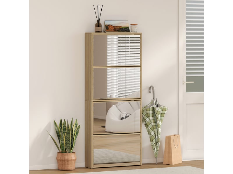  Meuble à chaussures étroit avec miroir et 4 portes battantes pour 12 paires de chaussures 63 x 17 x 146 cm naturel  - Conforama C