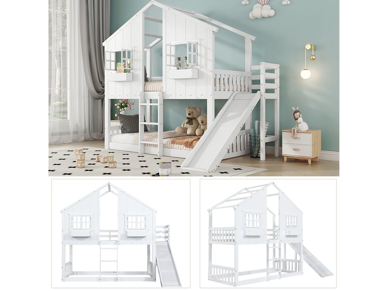  Lit mezzanine cabane enfant 90 x 200 cm avec toboggan blanc et naturel Fay Lum - Conforama R