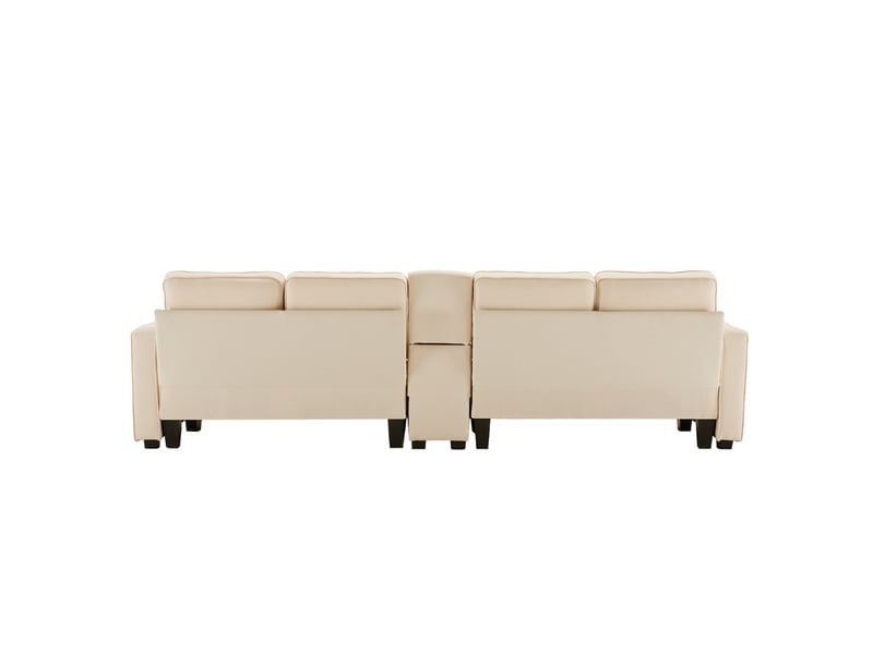  Canapé 4 places gris effet lin avec console, usb, porte-gobelets et coussins  - Conforama E