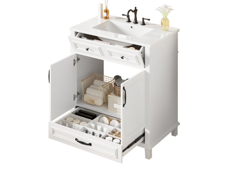 Meuble vasque salle de bain blanc 77 cm avec lavabo céramique intégré, 9 rangements et portes soft-close - Conforama E
