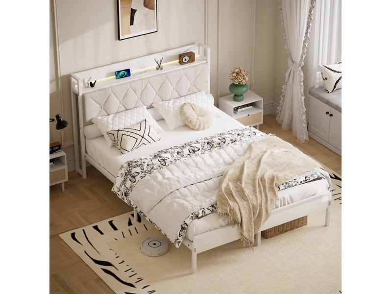  Lit double 140 × 190 cm tête de lit rembourrée, led, prises et usb, rangement sous lit, blanc 140 × 208 × 99,5 cm  - Conforama B
