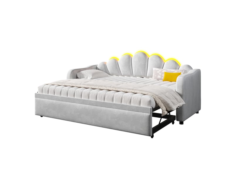  Lit tiroir gigogne 90x200 cm, velours gris, led 7 couleurs, 2 positions, sans matelas  - Conforama A