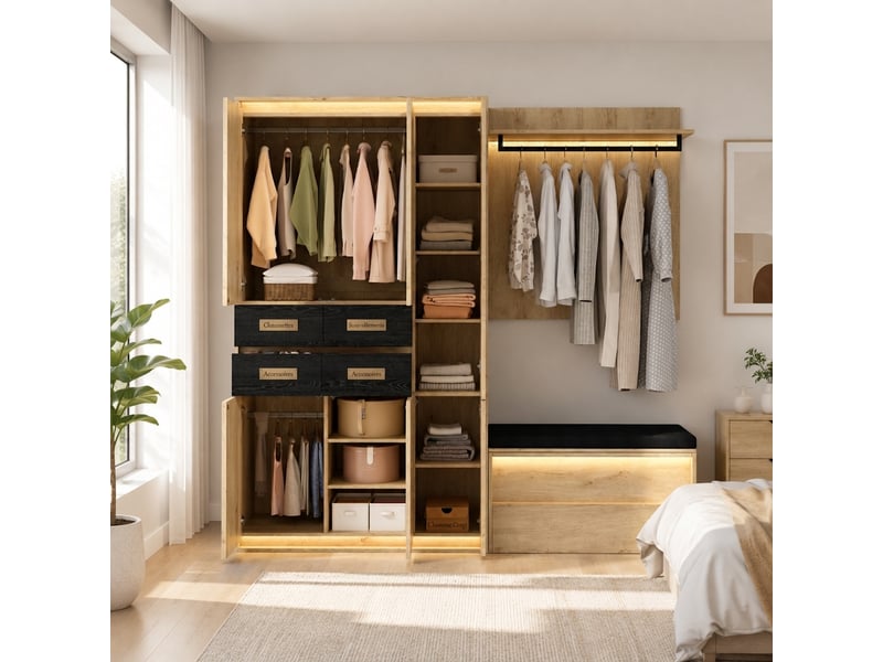  Armoire 4 portes blanche 135x200cm avec led et prise intégrée, 5 tiroirs 2 tringles, meuble chambre moderne  - Conforama C