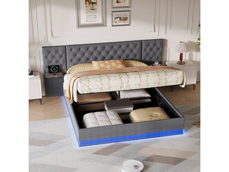  Lit coffre 140x200cm - lit double 140x200 en lin - lit 140x200  avec led et tables de chevet suspendues - gris  - Conforama B