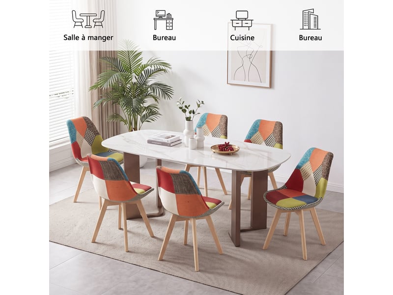  Lot de 6 chaise de salle à manger en lin - avec pieds en hêtre massif, design rétro patchwork multicolore rembourrées(rouge)  - Conforama B