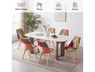 Lot de 6 chaise de salle à manger en lin - avec pieds en hêtre massif, design rétro patchwork multicolore rembourrées(rouge)