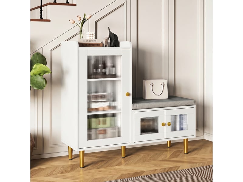  Meuble à chaussures - 100x35x90cm - banc d'entrée avec assise rembourrée, étagères ajustables, portes en verre flûté - blanc  - Conforama C