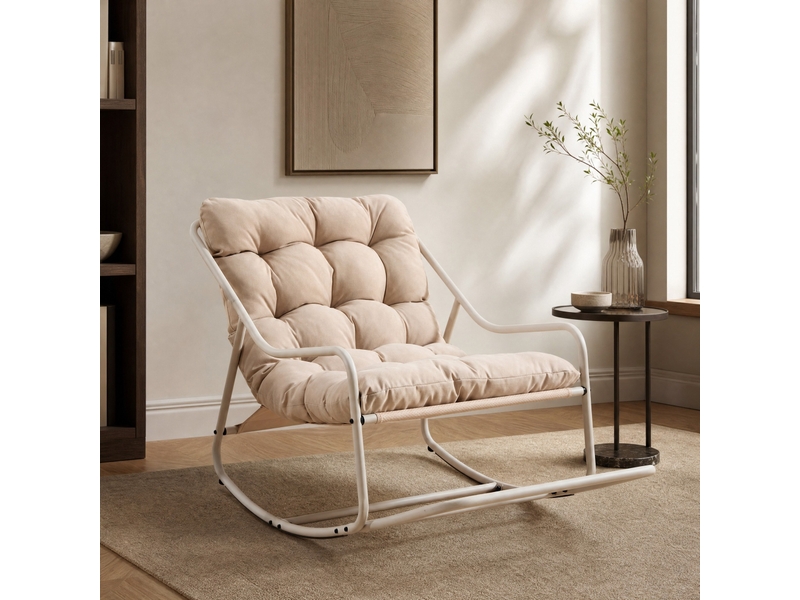  Fauteuil à bascule d'extérieur beige en acier avec coussin épais, mouvement réglable pour vos moments de détente  - Conforama B