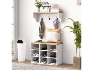 Ensemble meuble d'entrée 2-en-1 porte-manteau mural banc à chaussures 3 crochets et 9 niches 75x30x50cm blanc et chêne